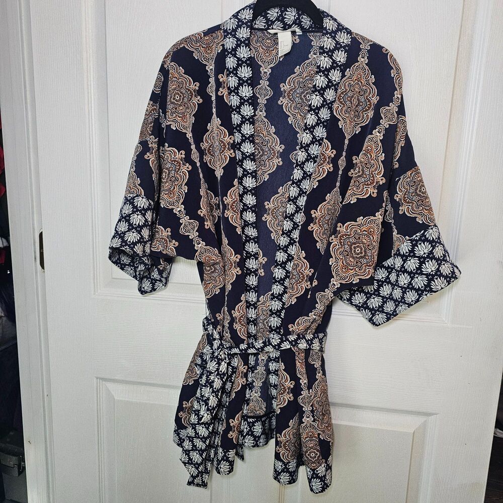 Women's H&M Navy Multi Design Kimono With Sash L Boho Romantic Peasant
